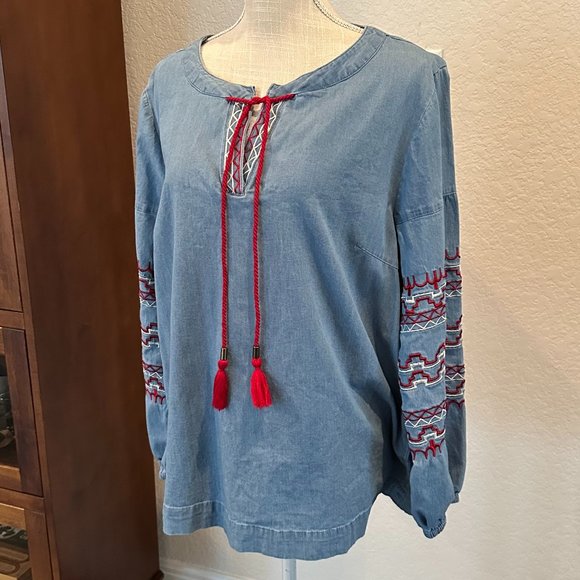 BROOKE SHIELDS Denim Boho Peasant Shirt - M - Picture 2 of 12